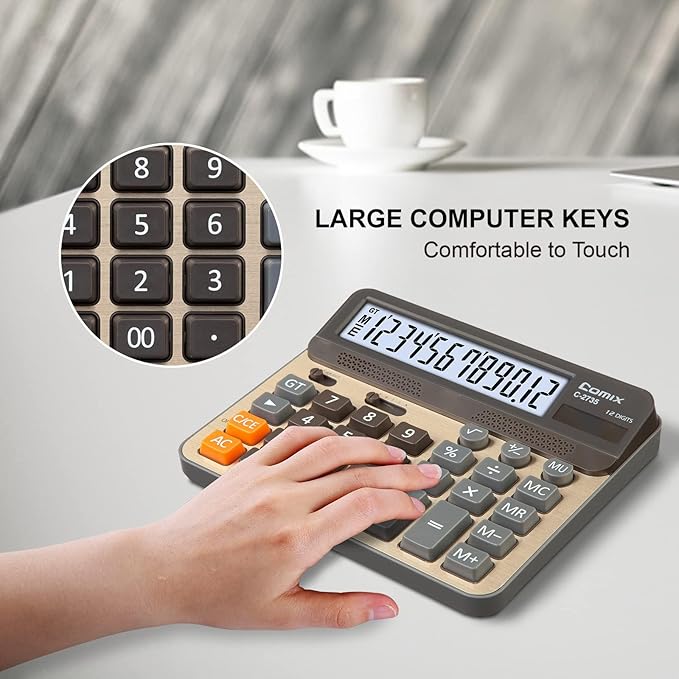 Comix Desktop Calculator, Large Computer Keys, 12 Digits Display, Champaign Gold Color Panel, C-2735, 2-Pack