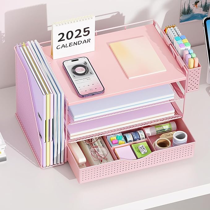 Wood Desk Organizers and Accessories with File Holder, 4-Tier Desk Accessories & Workspace Organizers with Drawer and Pen Holder, Paper Organizer for Office Supplies (Pink)