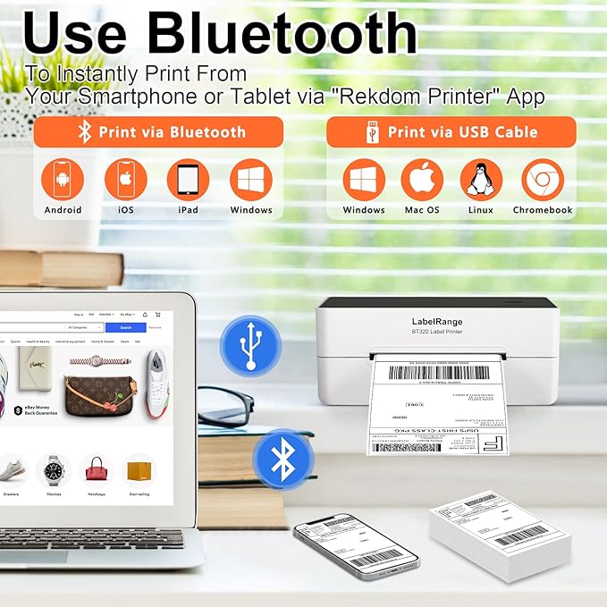 Ecommerce Label Printer 4x6, Bluetooth Thermal Shipping Label Printer, Compatible with Android&iOS and Windows, Support Amazon, Ebay, Shopify, Etsy, Whatnot, USPS, Pirate Ship, Shippo