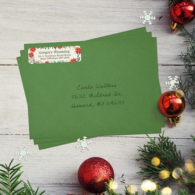 Ivory Holiday Floral Rolled Address Labels/Roll of 500 Personalized Return Address Labels/Designer Return Address Stickers in Elegant Plastic Dispenser