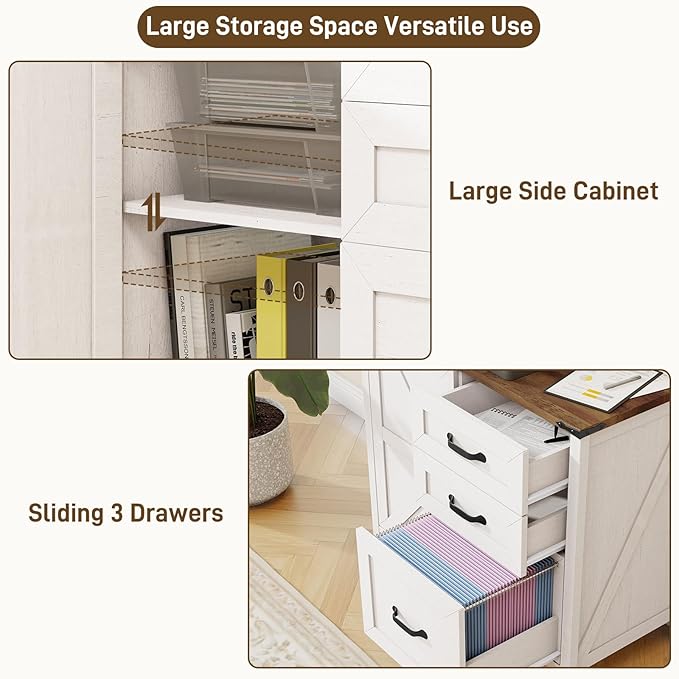 Lateral File Cabinet with 3 Drawers, Farmhouse File Cabinet for Letter/A4 Size Hanging Files, Large Wood File Storage Cabinets Printer Stand for Home Office Furniture, Rustic White
