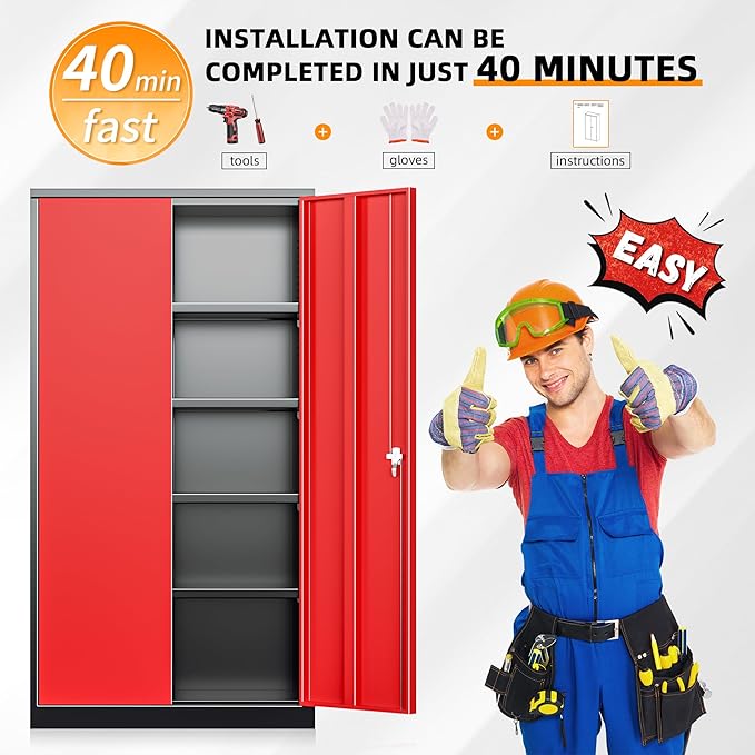 INTERGREAT Garage Storage Cabinet with Lockable Door, 72" H Metal Locking Cabinets with 4 Adjustable Shelves,Black Red Steel Cabinets Storage for Home Office, Warehouse，School