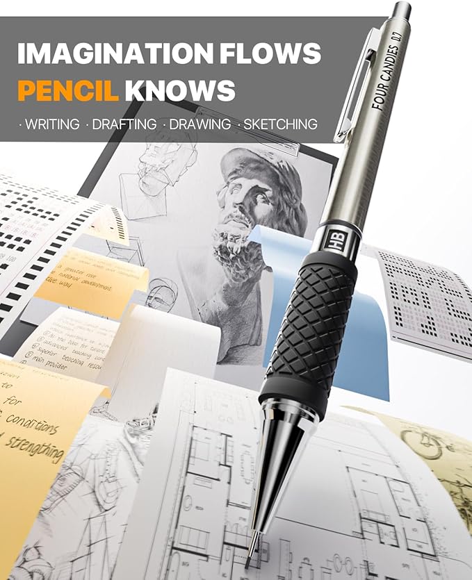 Four Candies Metal Mechanical Pencil Set - 6PCS 0.7mm Art Mechanical Pencils & 360PCS HB Lead Refills & 3PCS Erasers & 9PCS Eraser Refills, Drawing Mechanical Pencils for Writing, Sketching/With Case