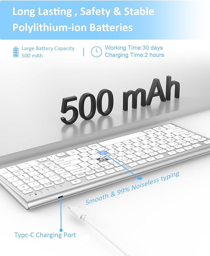 FENIFOX Wireless Keyboard, Bluetooth + USB Ergonomic Silent Quiet Rechargeable with Number Pad Compact Full Size Multi Device Keyboards for iPad Tablet Mac Computer Surface PC MacBook Laptop Silver