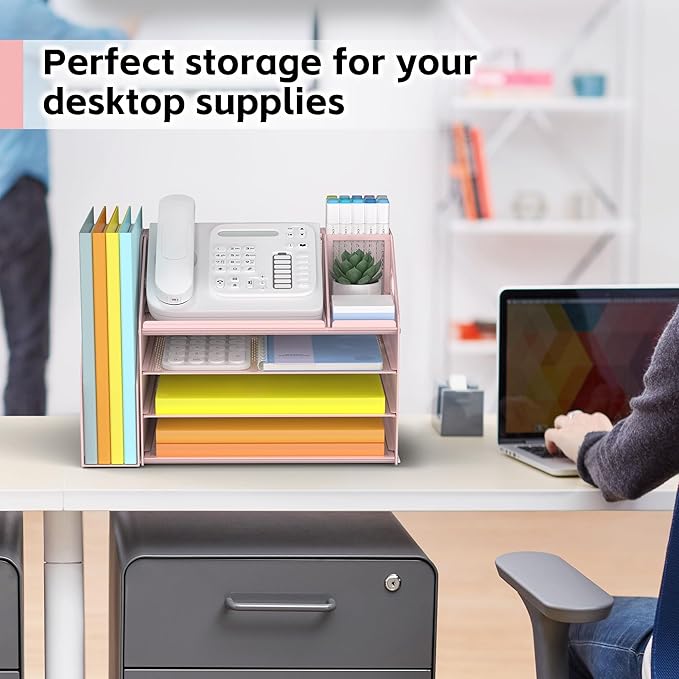 DocNest 4 Tier Paper Letter Tray File Organizer, Mesh Desk File with Handle, Workspace Desk Organizers with Pen Holder, Office Organization Storage Accessories - Pink