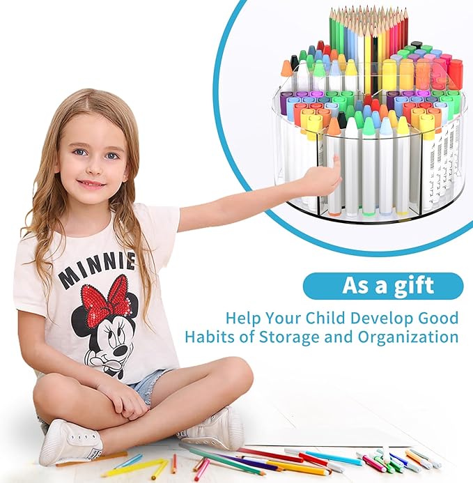 Acrylic Pen Holder for Desks, Acrylic Desk Organizer Clear, 360 Degree Pencil Holder for Desk Kids, Rotating Desk Organizer Rotating Pen Holder for Desk, Art Supply Storage Organizer 6 Compartments