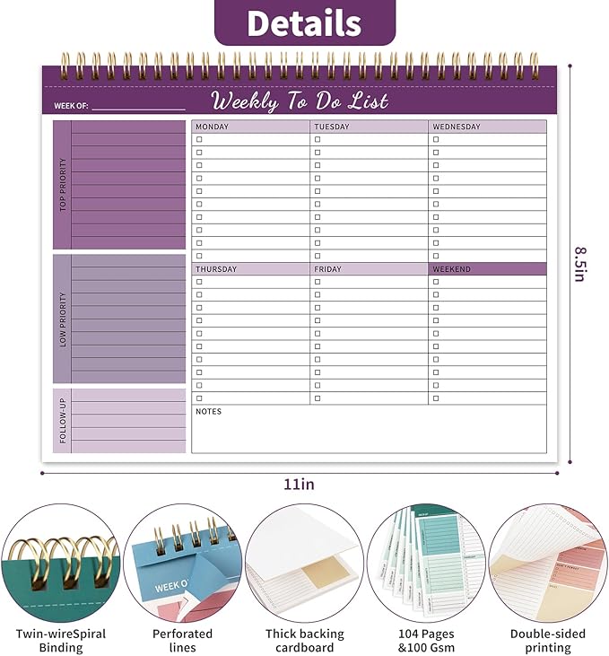 Weekly To Do List Notepad, 52 Undated Sheets （8.5"×11") Duplex-printed Weekly Planner Notepad For Work Home School Office Desk Accessories Supplies & Goal Setting Tasks - Purple