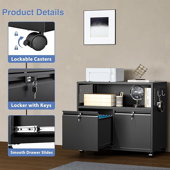 Metal File Cabinet,2 Drawer Filing Cabinet with Lock,Rolling Printer Stand Storage Cabinets with Shelves for Home Office Letter/Legal/A4 Size Files(Black)