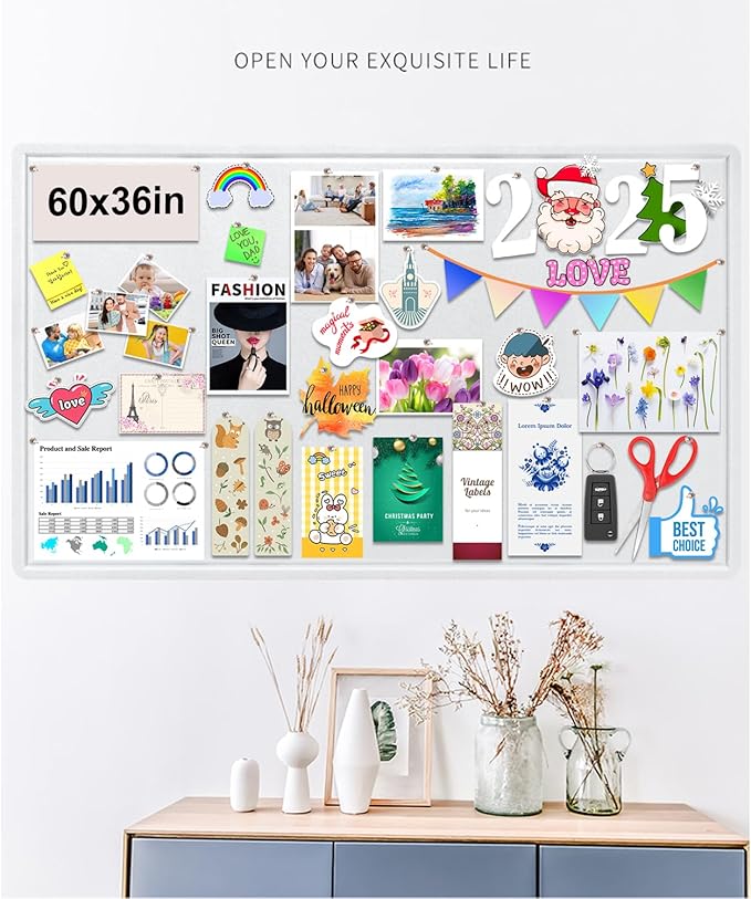 Large Bulletin Board, Foldable 60x36 Inches Cork Board Alternative, Large Felt Board Decorative Pin Board for Wall, Foldable Photo Board Self-Adhesive Vision Board with 36 Pushpins White
