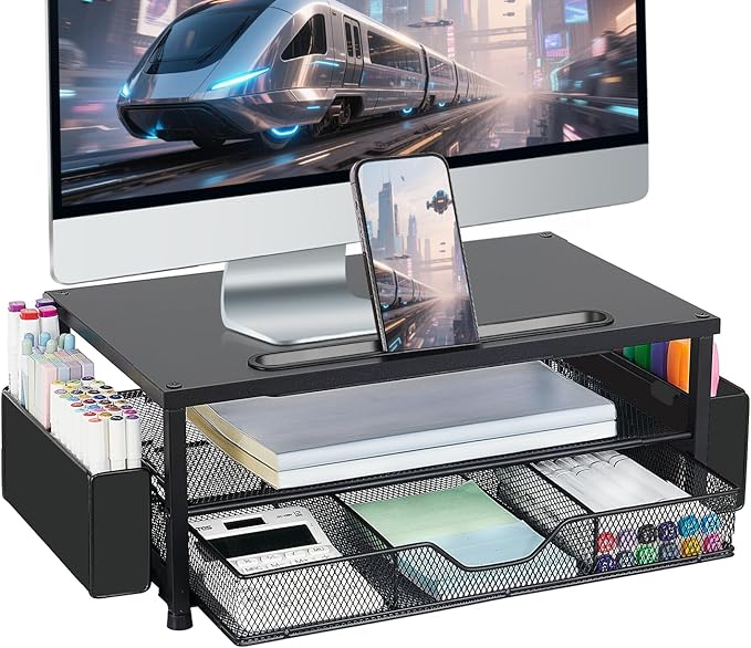 AUPSEN Wood Computer Monitor Stand Riser, 2-Tier Black Desk Organizer with Drawer, Pen Storage & Phone Holder ，Office Desk Accessories Desktop Organizer for Office Supplies