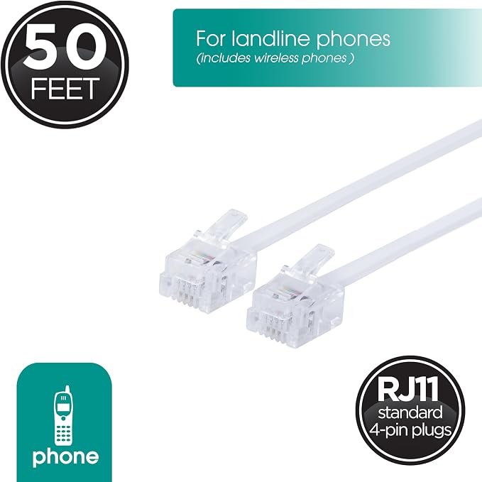 Power Gear Telephone Line Cord 2 Pack, 50 Feet, Ultra-Thin Phone Cord, Modular - Image 2