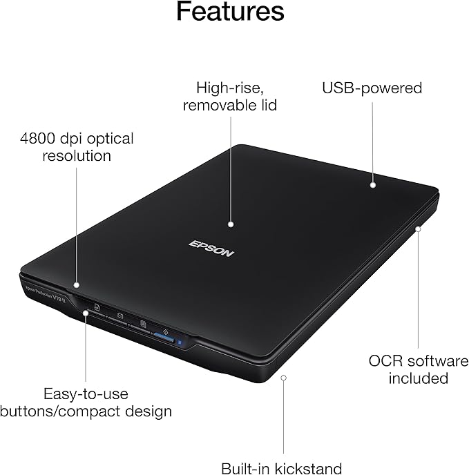 Epson Perfection V19 II Color Photo and Document Flatbed Scanner with 4800 dpi Optical Resolution, USB Power and High-Rise, Removable Lid