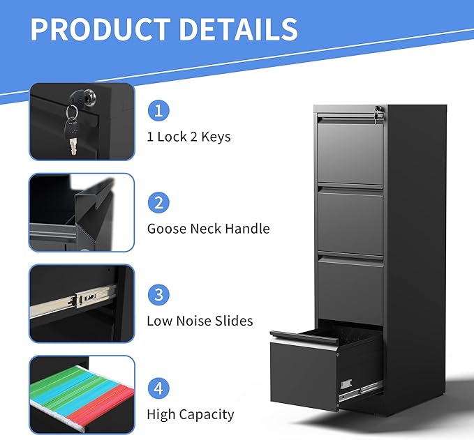 4 Drawer File Cabinet with Lock, Vertical Filing Cabinets for Home Office, Locking File Cabinet Hanging Files for A4/ Legal/Letter, Require Assembly, Black