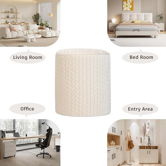 Modern Round Ottoman 2Pcs, Braided-Tufted Foot Stool Ottoman, Velvet Upholstered Vanity Stool for Makeup, Bedroom, Living Room, White