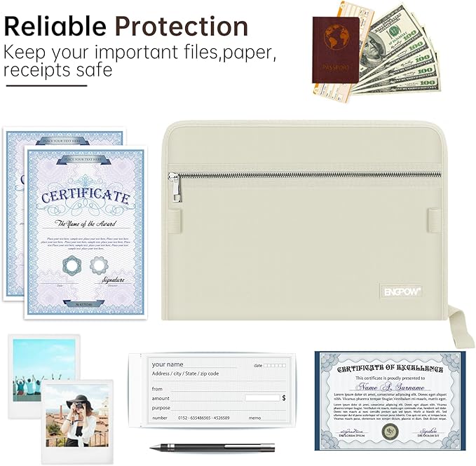 ENGPOW Accordion File Organizer,Fireproof 13 Pockets Expanding File Folder,Document Organizer Folder with Zipper＆Labels,Portable Home Travel Safe Storage for Letter A4 Files and More,Beige