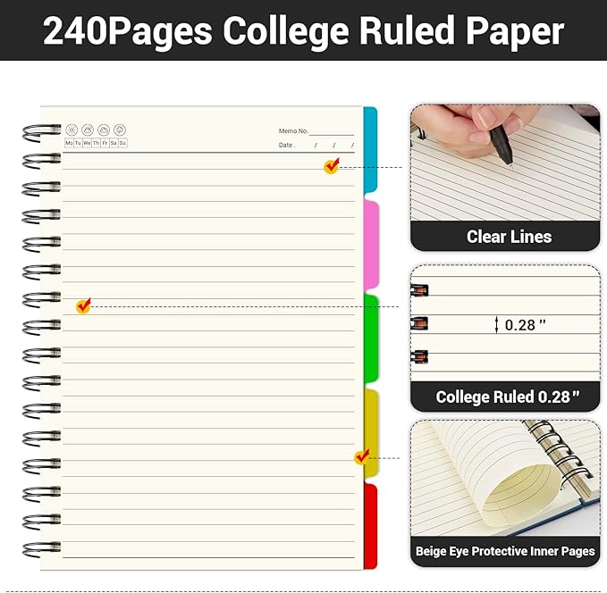 EUSOAR 5 Subject Notebook, 1pcs A5 5.5"x8.3" Spiral College Ruled Writing Pad, 100GSM 120Sheets/ 240Pages of Lined Paper, Thick Hardcover, for Journal Students, Office and Business, Royal Blue