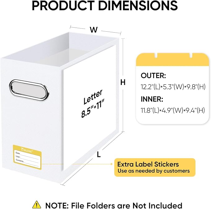 BALEINE File Organizer Box, Cardboard File Folder Organizer with Handle for Letter Size, Portable Collapsible Hanging Filing Box for Home Office Document Storage (4 Pack, White)