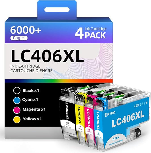 LC406XL Ink Cartridges Compatible for Brother LC406 XL LC406XL LC406 Work with Brother MFC-j4335DW MFC-j6555DW MFC-j4535DW MFC-j5855DW MFC-J6955DW Printer(Black, Cyan, Magenta, Yellow, 4 Packs)
