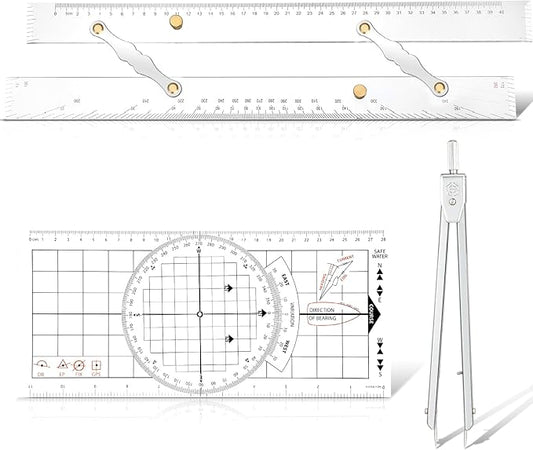 3 Pcs Basic Navigation Set, Include 16 Inch Marine Parallel Ruler with Clear Scales Navigation Divider Marine Nautical Protractor 6 Inch Marine Fixed Points Divider for Boat