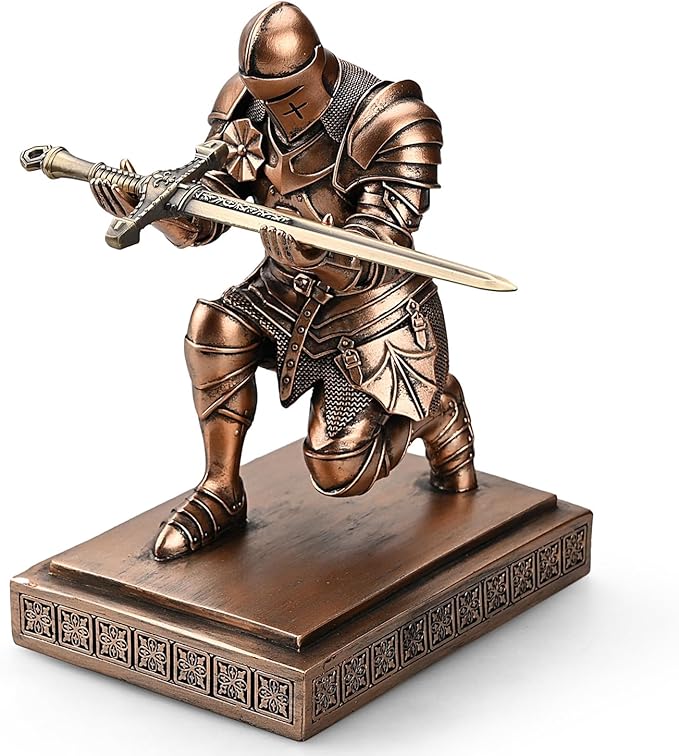 Medieval Armored Warrior Knight Pen Holder Desk Organizers and Accessories Resin Pencil Holder Paperweight as Gift with a Cool Letter Opener for Desk (Copper)