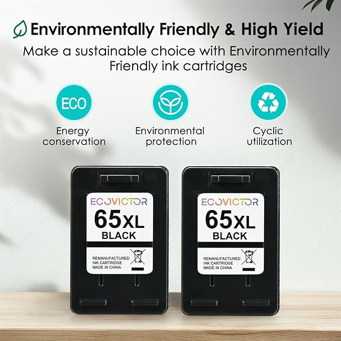 EcoVictor Remanufactured 65XL Ink Cartridges Replacement for HP 65 XL Black Ink Cartridge HP65 HP65XL Compatible Envy 5000 5055 5052 5010 5070 DeskJet 3755 3700 3772 3720 3752 2600 2622 2652 (2 Black)