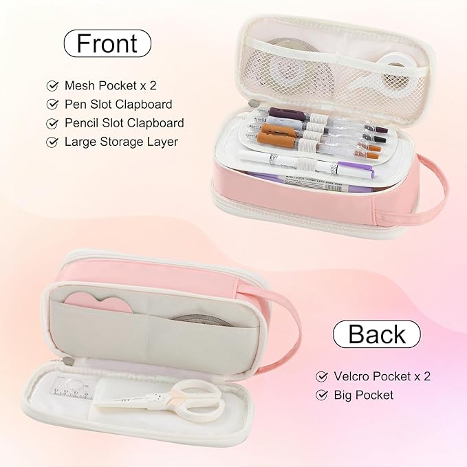 Pencil Case Large Zipper Pencil Pouch for Girls Kids Teens Adults Aesthetic Pencil Bag Stationery Organizer Pen Pencil Case with Handle for School Pink