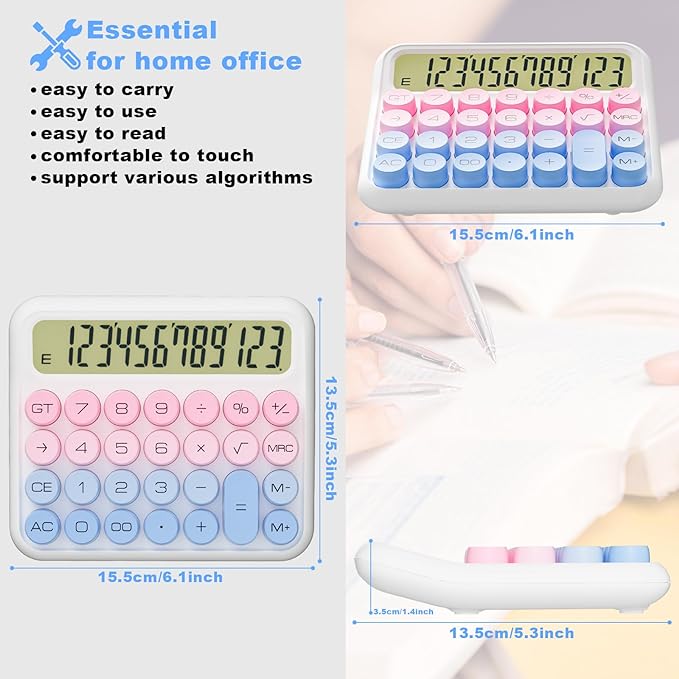 Mechanical Calculator 12 Digit Extra Large 5-Inch LCD Display, DECKLIT Battery Desk Calculator, Big Buttons Easy to Press Use as Office Calculators Desktop, 15°Tilt Screen for Kids Calculator(Pink)