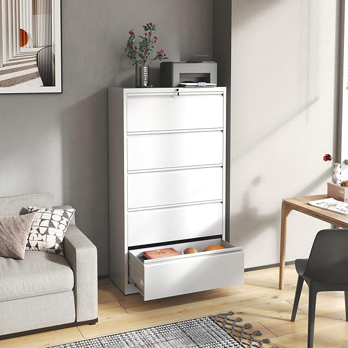5 Drawer Lateral File Cabinet with Lock, Metal Lateral Filing Cabinet for Home Office, Steel Wide Horizontal Filing Cabinets for Letter/Legal/A4/F4 Hanging Files (White)