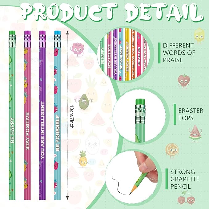 Leinuosen 96 Pieces Smelly Pencils for Kids Scented Cute Fruit Summer Colorful Inspirational Motivational Pencils with Eraser Bulk for Kids Students School Classroom Party Gifts Rewards, 8 Styles
