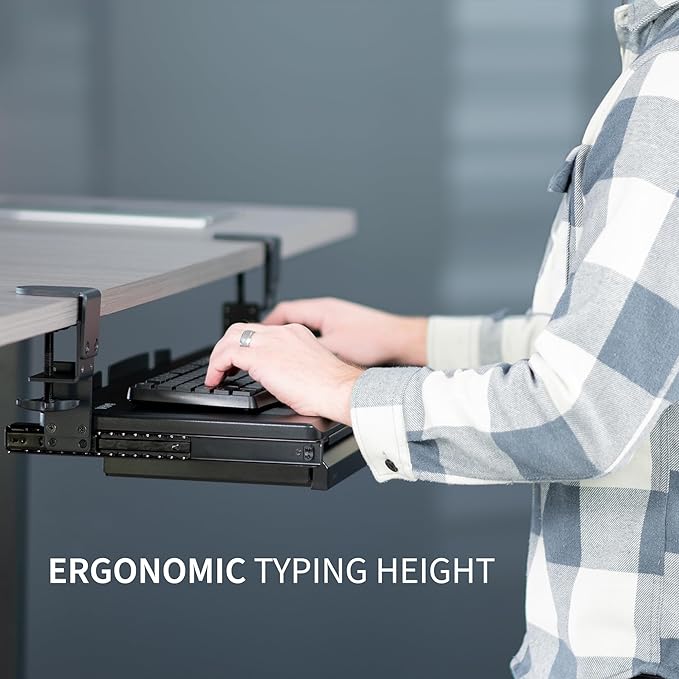 VIVO Large Height Adjustable Clamp-on Keyboard Tray, Extra Sturdy Pull Out Platform with Storage Drawer, 27 (33 Including Clamps) x 11 inch Slide-Out Tray with Organizer, Black, MOUNT-KB05HB-DR