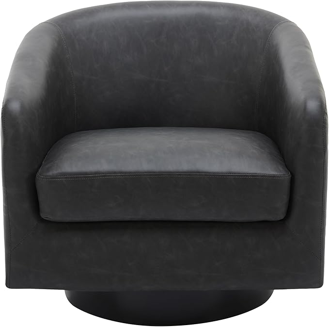 UIXE Faux Leather Swivel Accent Chair with Wood Base, Modern Upholstered Barrel Chairs for Living Room, Comfy Round Armchair Single Sofa Bedroom Reading Seat - 31" W, Black