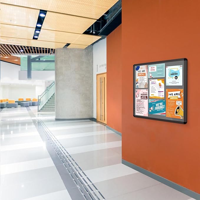 Enclosed Bulletin Board Lockable Display Case Message Board with Locking Door for Indoor, Grey Felt, Black Aluminum Frame, 28 X 26 in