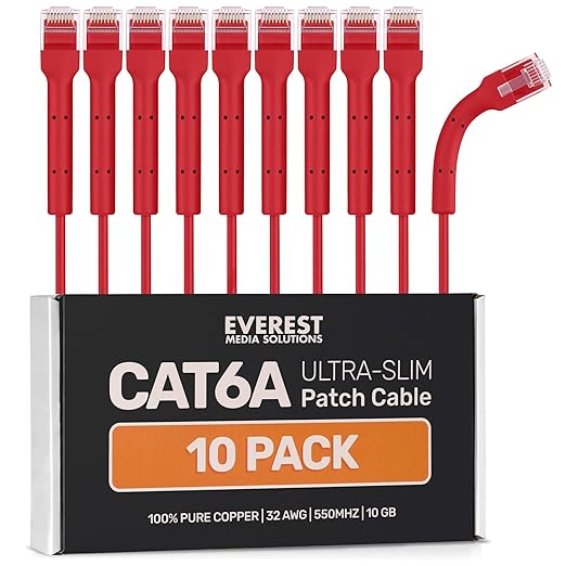 Everest Ultra Slim Cat6a Ethernet Patch Cables 15ft Red by EverestMediaSolutions