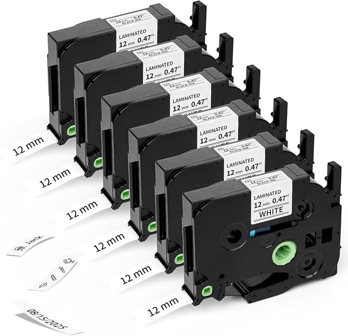 Airmall Compatible with Brother 12mm 0.47 Laminated White Tz Tape Tze Label Maker Tape Refill TZe-231 TZe231 Replace for Brother P Touch D210 D200 D400 1280 1290 1880, Black on White 1/2 Inch, 6-Pack