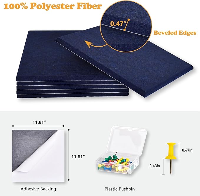 Thick Cork Board for Wall with Pins, 36" x 24" Bulletin Board Self-Adhesive Pin Board | Customized 6 Packs Felt Tiles for Office Home Wall Decor, Navy