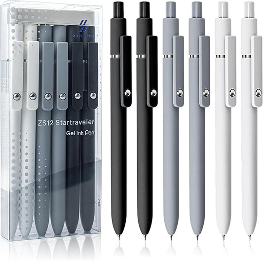 6 Pcs Gel Pens 0.5mm Quick Dry Black Ink Pens Fine Point Smooth Writing Pen, Cute Office and School Supplies Gifts for Women Teacher Students (6 Pcs Black White Grey Silver)