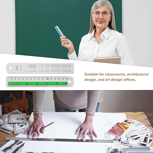 HARFINGTON 2pcs Metal Straight Ruler 15cm Metric SAE Aluminum Alloy Measuring Rulers Scale Tool with Hole for Measure Study Reading Classroom Office, Green