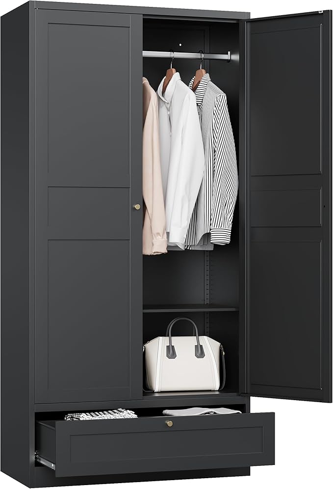 MIIIKO Wardrobe Closet with Drawer, 2 Doors Clothes Cabinet, 72" Metal Storage Cabinets with Hanging Rod and Shelf, Bedroom Armoires Laundry Room and Office Clothes Storage Organizer Cabinets