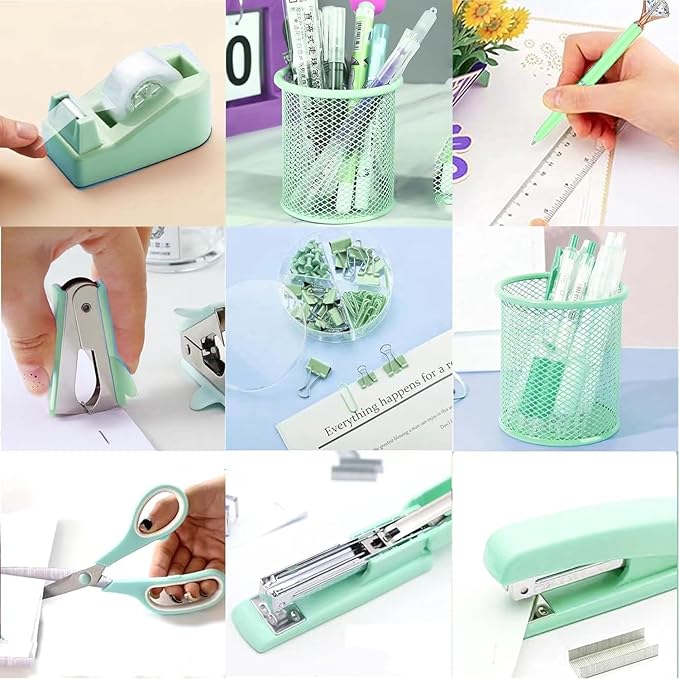 Green Desk Accessories, Pink Office Supplies Set with Stapler, Tape Dispenser, Staple Remover, Pen Holder, Scissor, Binder/Paper Clips, Ballpoint Pen, Clear Tape and 1000pcs Staples