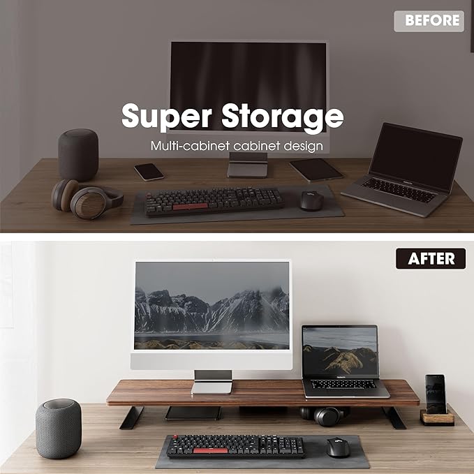 Fenge Dual Monitor Stand Riser, 42.5 Inch Desk Top Shelf for 2 Monitors, Computer Stands for Desk, Wood & Steel Desktop Riser for Laptop, PC, Printer