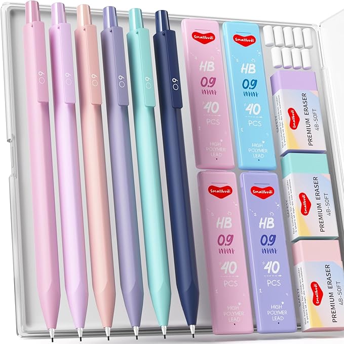 6PCS 0.9mm Mechanical Pencils Set with Case, Cute Pastel Mechanical Pencil with 160PCS HB Lead Refills, 3 Erasers, Aesthetic Back to School Supplies for Student Writing Drawing Sketching