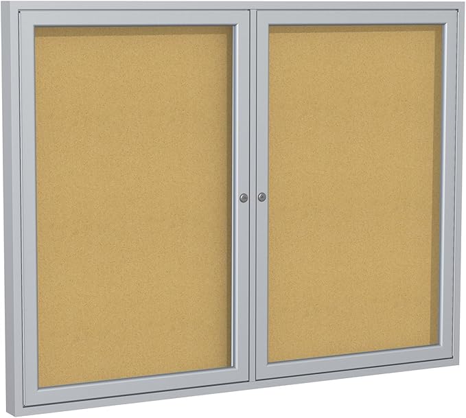 Ghent 36"x60" 2-Door indoor Enclosed Bulletin Board , Shatter Resistant, with Lock, Satin Aluminum Frame - Natural Cork (PA23660K) Made in the USA