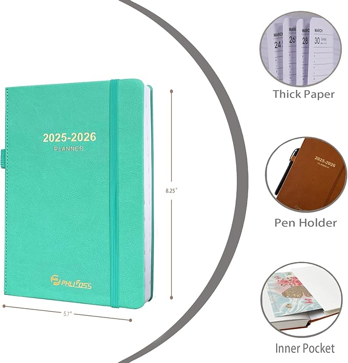 Daily Planner 2025-2026, One Page Per Day, Academic Calendar (July 2025 - June 2026), Appointment Book with Time Slots and Monthly Tabs, 5.7" x 8.25", Pocket, Leather Cove (Lake Green)