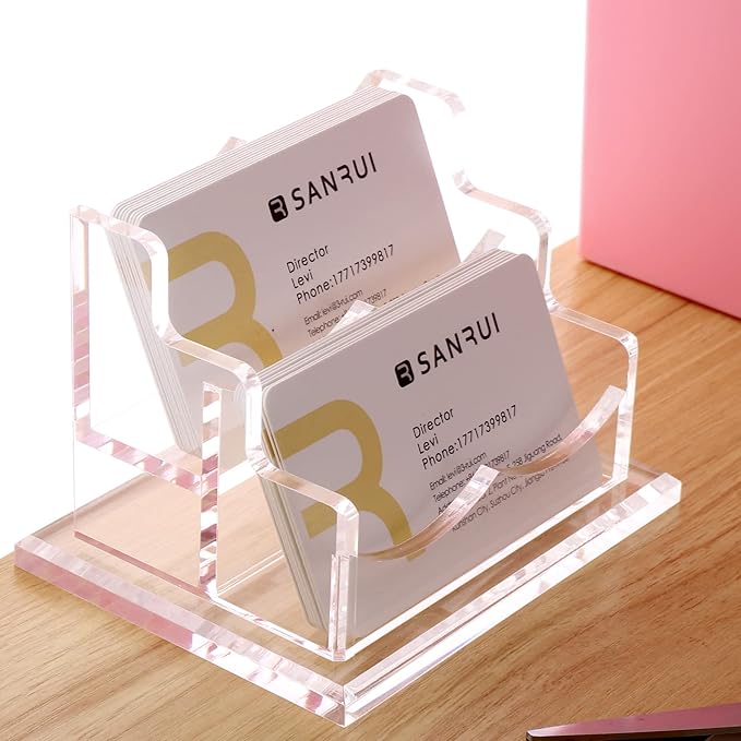 SANRUI Clear Horizontal Business Card Holder Stand for Desk, Acrylic Desktop Display Name Cards Holders Organizer Storage Rack,for Exhibition, Home , Office ,2 Tier 2 Pocket , 120 Card Capacity