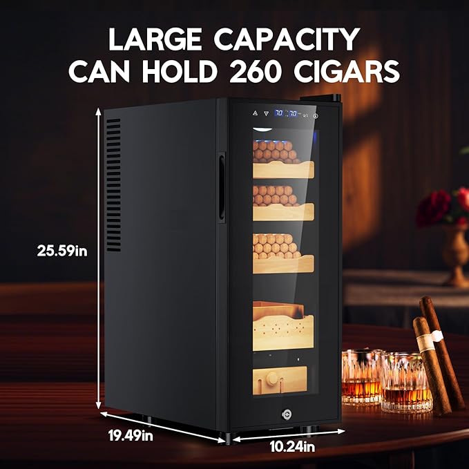 Electric Cigar Humidor Cabinet 35L, Tylza Electric Humidors for Cigars with Temp & Humidity Control, Digital Hygrometer, Lock, Refrigerator, Cigar Humidors with Cedar Wood Drawer Shelves, 260 Cigars