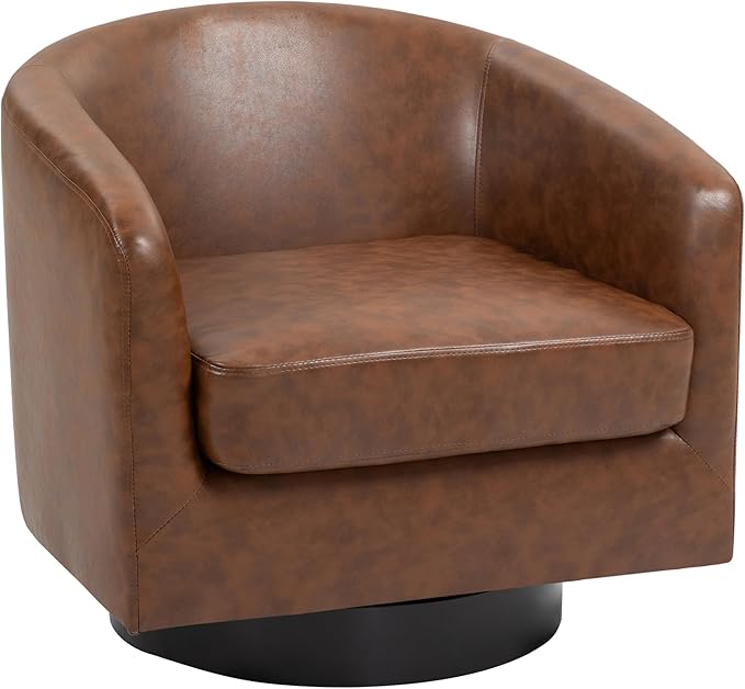 UIXE Faux Leather Swivel Accent Chair with Wood Base, Modern Upholstered Barrel Chairs for Living Room, Comfy Round Armchair Single Sofa Bedroom Reading Seat - 31" W, Coffee
