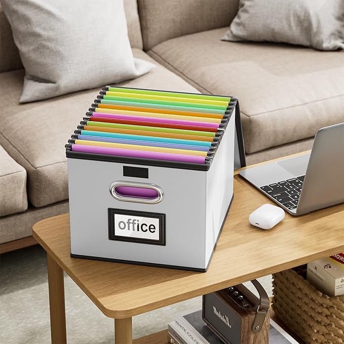 Huolewa File Organizer Box with Lid, Collapsible Faux Leather Hanging File Folder Box Organizer with Plastic Slides, Decorative Home/Office Filing System Boxes for File and Folders Storage