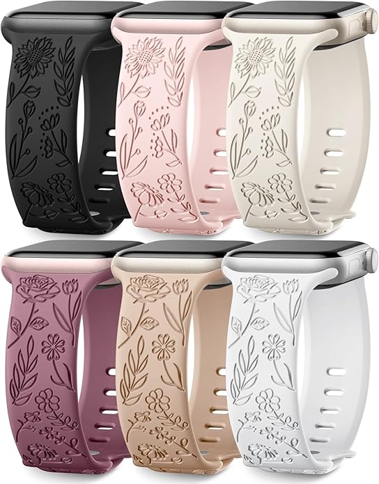 SNBLK 6 Pack Floral Engraved Bands Compatible by SNBLK