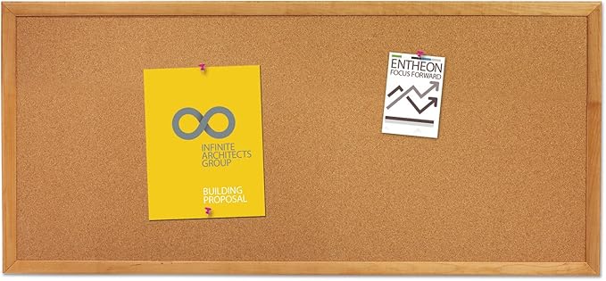 Quartet Cork Board, Bulletin Board, 3' x 1' Corkboard, Oak Finish Frame (300)