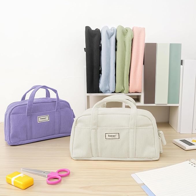 Sooez Large Pencil Case Pouch, Extra Big Pencil Bag with 5 Compartments, Pen Bag Wide Opening, Soft Corduroy Pencil Pouch Organizer with Zipper, Cute Aesthetic School Supplies for Teen Girls-Purple
